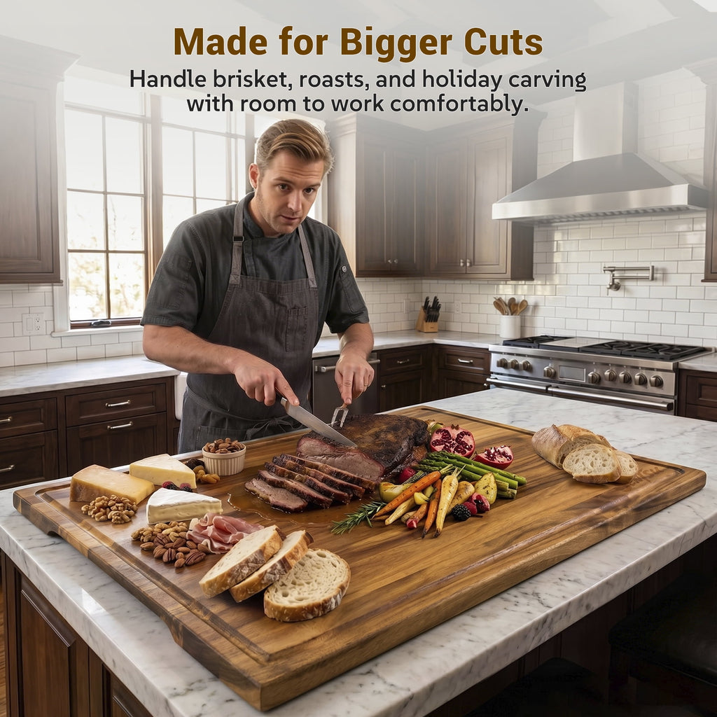 Sentsu Extra Large Acacia Wood Cutting Board with Juice Groove and Handles, 36 x 24 in